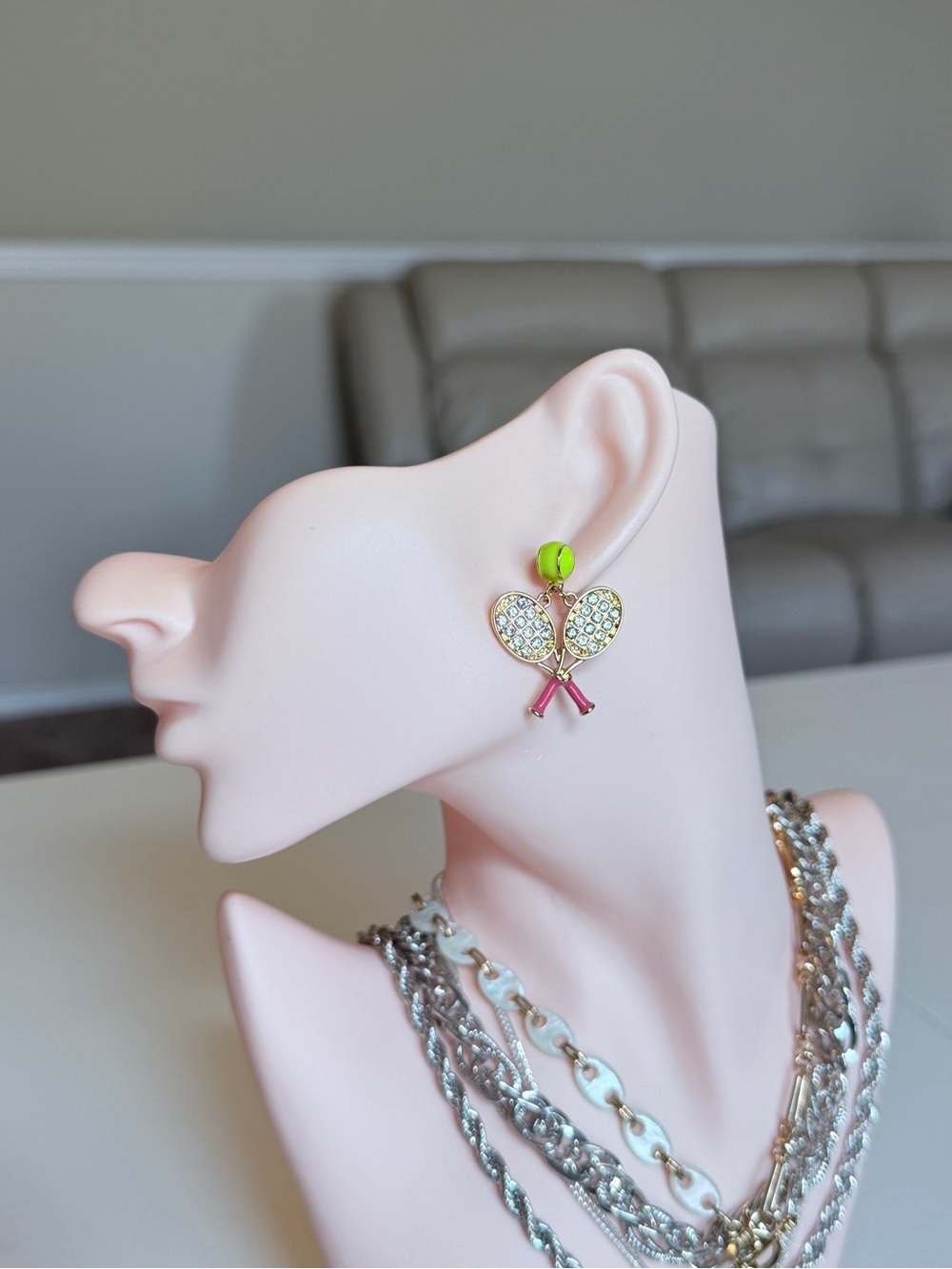 Crystal Tennis Racket Drop Earrings in Lime and Pink